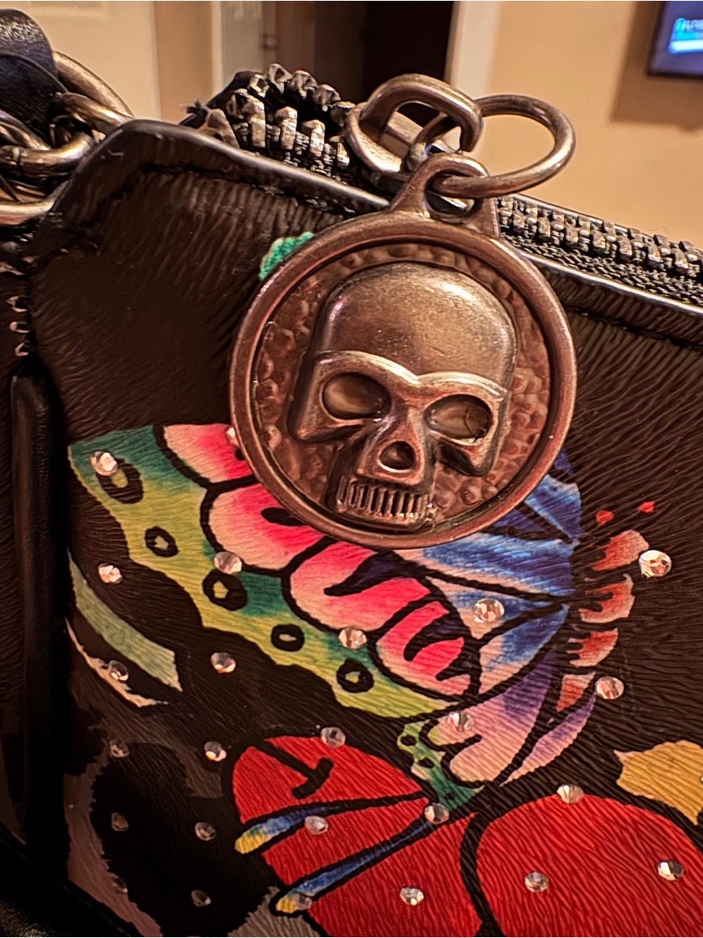 Ed Hardy Black Shoulder Bag with Multicolor Skull & Floral Graphics - Picture 16 of 16